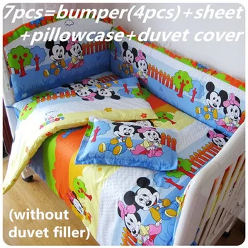 Discount! 6/7pcs Mickey Mouse baby bedding set bumper crib bedding set cotton bumper curtain baby cot sets,120*60/120*70cm