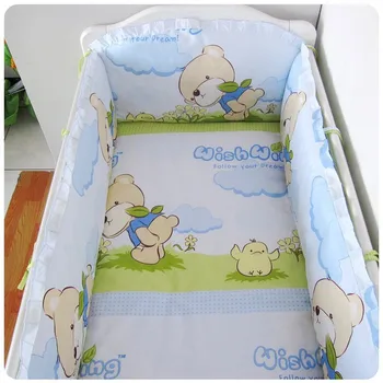 Promotion! 6PCS Bear Baby Crib Set Bedding Sets Cotton Cartoon Nice Lovely Design(bumper+sheet+pillow cover)