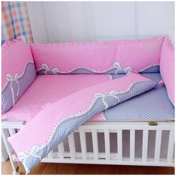 Promotion! 6PCS Pink Bow Children Bed Bedding Around Set Cotton Crib Sets (bumper+sheet+pillow cover)