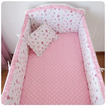 Promotion! 6PCS Cotton Baby Girl Bedding Set Nursery Bedding Cot Crib Bedding ,include(bumper+sheet+pillow cover)