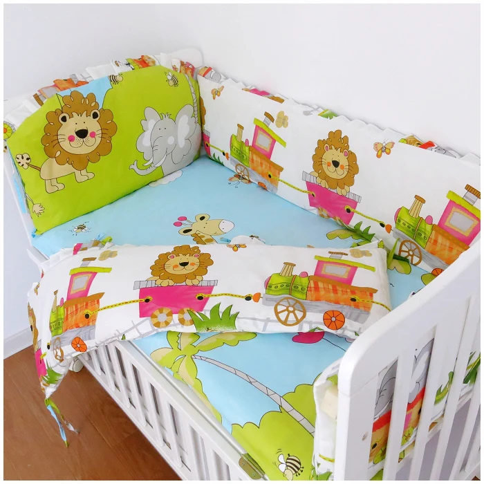 Promotion! 6PCS Lion crib bedding set cotton baby bedding piece set unpick and wash (bumper+sheet+pillow cover)