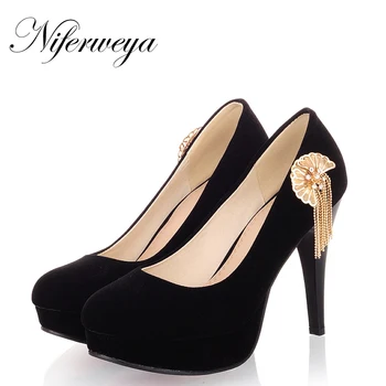 Big size 30-50 Fashion solid flock Women's shoes elegant Ultra high with Metal decoration platform high heels HQW-A-1