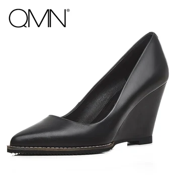 QMN women genuien leather pumps Women Cow Leather High Heel Wedges Pumps Pointed Toe Shallow Shoes Woman Heels