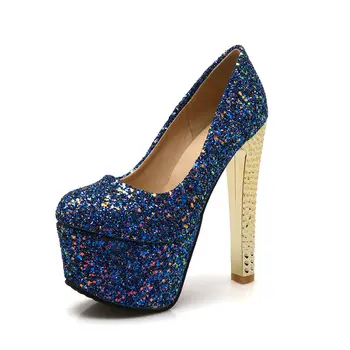 VALLKIN Platform Thick High Heel Slip on Ladies Summer Shoes Sexy Party Shining Glitter Woman Pump Ladies Wedding Shoe