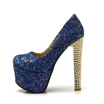 VALLKIN Platform Thick High Heel Slip on Ladies Summer Shoes Sexy Party Shining Glitter Woman Pump Ladies Wedding Shoe