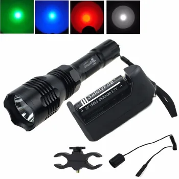 UniqueFire HS-802 Cree green/red/blue light led hunting flashlight torch with battery+charger+ remote switch+gun mount