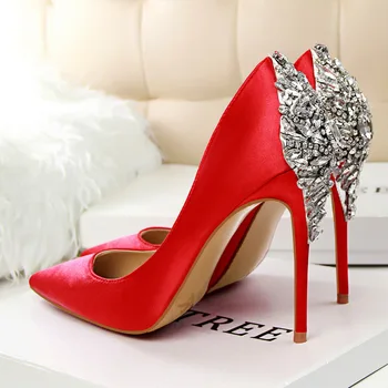 New Luxury Elegant Pumps Star Shoes Rhinestone Satin High Heels Shoes Thin High-heeled Pointed Shiny Party Wedding Shoes G1510-2