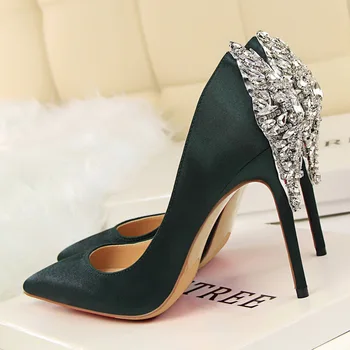 New Luxury Elegant Pumps Star Shoes Rhinestone Satin High Heels Shoes Thin High-heeled Pointed Shiny Party Wedding Shoes G1510-2