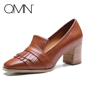 QMN women fringed textured leather pumps Women Retro Style Square Toe Middle Heels Casual Shoes Woman Real Leather Pumps