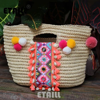Summer Bohemia Knitted Straw Fashion Women's Handbags Beach Pompon Tassel Woven Indian Tote Luxury Famous Brand Shoulder Bags