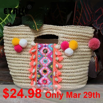 Summer Bohemia Knitted Straw Fashion Women's Handbags Beach Pompon Tassel Woven Indian Tote Luxury Famous Brand Shoulder Bags