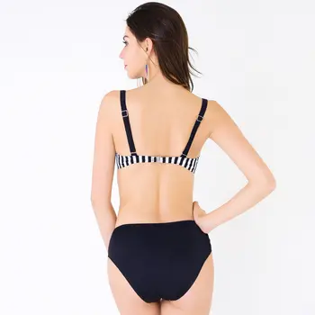 Women Plus Size L- 4XL Mid Waist Hot Sexy Striped Patchwork Beaded Two Pieces Swimsuit Bikinis Set 2016 Brazilian Swimwear LC369