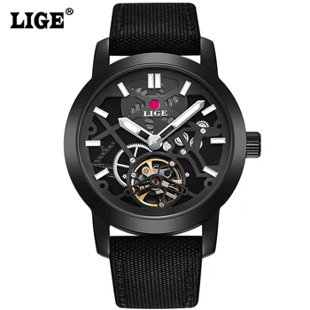LIGE Brand Men's watches Fashion Casual Automatic Watch Men Waterproof Military Wrist watches Man Canvas strap Black Clock