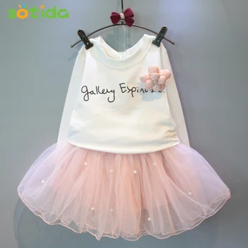 2016 New lovely girls white tee shirt and pink skirt with rhinestone clothes set for kids girl autumn children clothing set suit