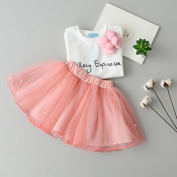 2016 New lovely girls white tee shirt and pink skirt with rhinestone clothes set for kids girl autumn children clothing set suit