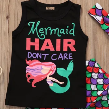 3pcs!!Summer 2017 Kid baby Girls Clothes Set Mermaid Sleeveless T-shirt Tops+Shorts Pants Headband Clothes Outfits Set