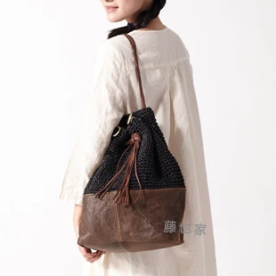 Fluid line handmade woven bag genuine leather handmade women's one shoulder cross-body handbag drawstring bucket