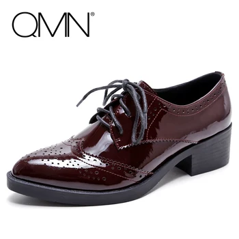 QMN women genuine leather flats Women Patent Leather Oxfords Retro Pointed Toe Brogue Shoes Woman Leather Flats