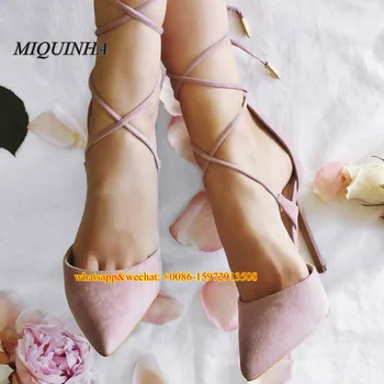 Women exquisite pink suede pointed toe pumps stiletto heels cross lace-up party shoes slim fit prom shoes Dropship