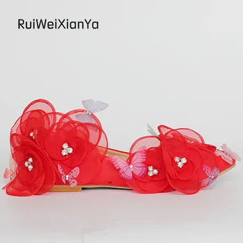 2017 New Arrive Spring Zapatos Mujer Ladies Party Shoes Women's Flats Sweet Flowers Red Wedding Shoes for Bridal Plus Size Hot