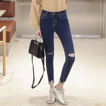 2017 Spring Fashion Women Cloth Full Length Jeans Trousers High Waist Elastic Hole Leggings Sexy Lady Skinny Denim Pencil Pants