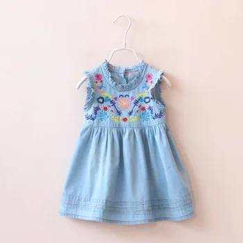 2016 Drop Ship Brand Girls Summer Denim Dress Classical Sleeveless Baby Girl Dresses Plaid Princess Dress Children's Clothing