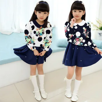 2016 New Autumn Girls Clothes Peter Pan Collar Girls Dress Printed Princess Dress 4-13 years Old Kids Clothes Dresses for girls