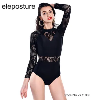 Brand Sexy Transparent Swimwear Women One Piece Long Sleeve Swimsuit Lace Bodysuit Bathing Suits Brazilian Beach Wear Swim Suit