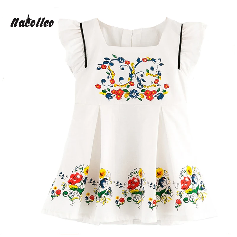 Nacolleo 2017 Girls Dress Ruched Sleeve Toddler Kids Cute Flower Pattern Clothes Summer White Princess Vestido for Kids Age 2-6Y