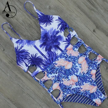 ABOUTTHEFIT Bandage One Piece Swimsuit Sets Sexy Swimwear Women Reversible Jellyfish Print Bodysuit Monokini Summer Bathing Suit