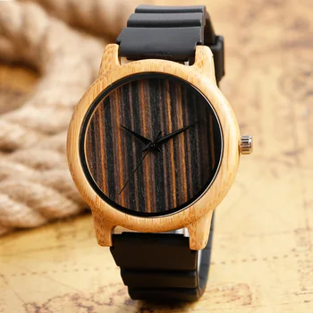Men Casual Wood Watches Creative Bamboo Wrist Quartz Watch Silicone Band Strap Analog Fashion Sport Stripe Face Christmas Gifts