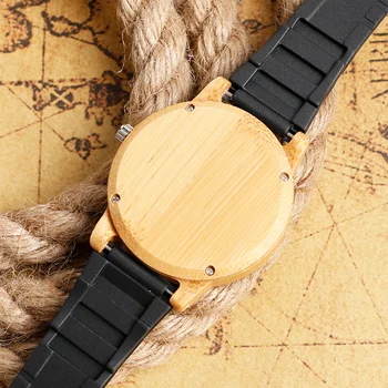 Men Casual Wood Watches Creative Bamboo Wrist Quartz Watch Silicone Band Strap Analog Fashion Sport Stripe Face Christmas Gifts