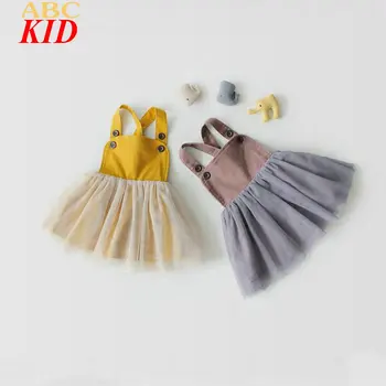 2017 New Fashion Baby Girl Dress Vintage Yellow Brown Overalls Dress Mesh Quality Overall Spring Dresses Infants Vestidos KD606