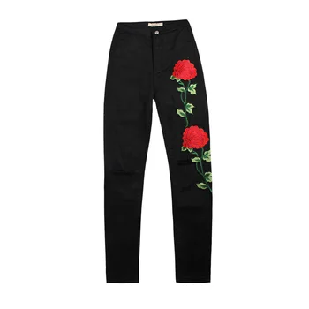 2017 Designer Women Cloth Black Jeans 3D Floral Embroidery Slim Pencil Pants Pure Cotton Knee Hole Female Denim Jeans Trousers