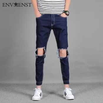 Envmenst 2017 Brand New Street Style Men's Big Hold Jeans Ankle-Length Shrink feet Pants Blue Hip Hop Denim Pants Big Size