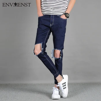 Envmenst 2017 Brand New Street Style Men's Big Hold Jeans Ankle-Length Shrink feet Pants Blue Hip Hop Denim Pants Big Size