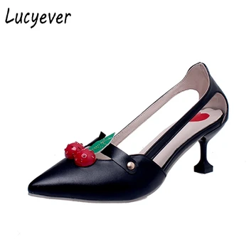 Lucyever 2017 New Brand Luxury Women Cherry Pointed Toe Party Pumps Sexy Cut Out Shallow High Heels Summer Sandals Shoes Woman