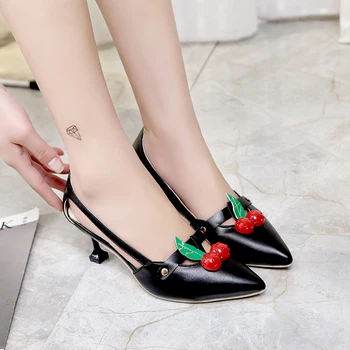 Lucyever 2017 New Brand Luxury Women Cherry Pointed Toe Party Pumps Sexy Cut Out Shallow High Heels Summer Sandals Shoes Woman