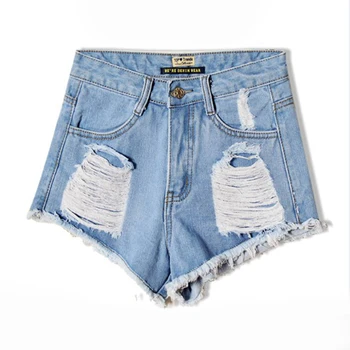 2017 New Fashion Summer Women Brand Cloth Washed White Hole Bleached High Waist Denim Shorts Lady Stripe Hot Pants Regular Jeans