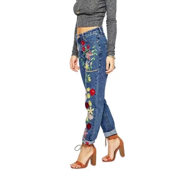 Hot American Apparel Women Jeans Floral 3D embroidery High Waist Ladies Straight Denim Pants Jeans Bottoms