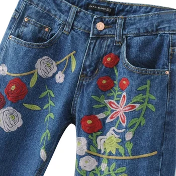 Hot American Apparel Women Jeans Floral 3D embroidery High Waist Ladies Straight Denim Pants Jeans Bottoms