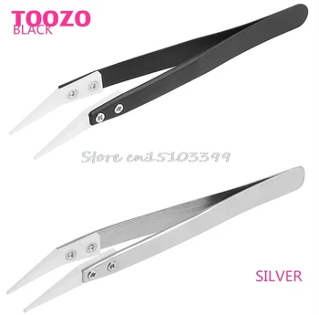 Ceramic Tweezers with Stainless Steel Handle Curved Aimed Tweezers Silver/Black #G205M# Quality