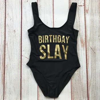 Birthday SLAY Letter Print One Piece Swimsuits Women Sexy Back Low Bodysuit Swimwear Bathing Beach Wear Jumpsuit Female