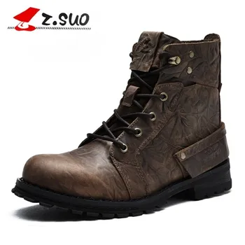 Z.SUO Genuine Leather Men's Boots High Top Casual Men's Ankle Boots Male Motorcycle Boots 2017 ZS15168
