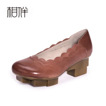 2017 genuine leather square heel pumps medium heel platform shoes women handmade casual shoes red coffee