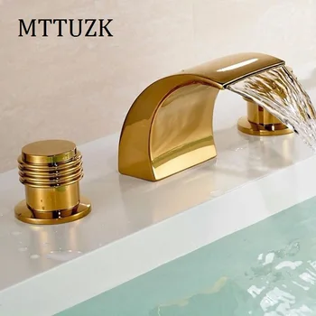 3Pcs Waterfall Bathroom Gold-plated Faucet Basin Faucets Deck Mounted Bathroom Tap 2 Handles 3 Hole Faucet Mixer Crane 3pcs/set
