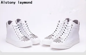 Top fashion spikes women causal shoes white 2017 spring autumn high top women flats shoes lace up ankle women boot 36-42