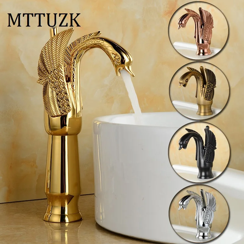 MTTUZK Deck Mounted Luxury Antique Brass Hot and Cold Mixer Taps Swan faucet Gold plated wash basin faucet Height Up Faucet