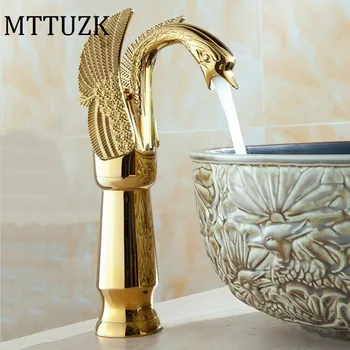 MTTUZK Deck Mounted Luxury Antique Brass Hot and Cold Mixer Taps Swan faucet Gold plated wash basin faucet Height Up Faucet