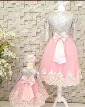 Pink lace and tulle flower girl dress for birthday party long sleeves with sequined and bow Princess Kids frocks